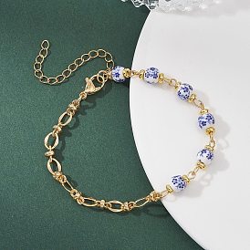 Браслеты из латунных овальных звеньев, круглые фарфоровые керамические бусины с цветочным принтом, для женщин, с 304 из нержавеющей стали Lobster Claw застежками