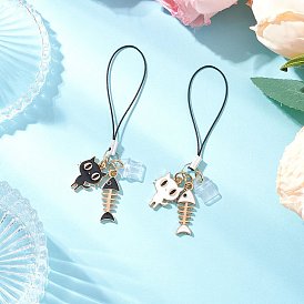2шт. сплав эмалированный ремешок для мобильного телефона с подвеской в виде кошки и рыбьей кости, с ПВХ-заглушками для защиты от пыли и полиэфирным шнуром