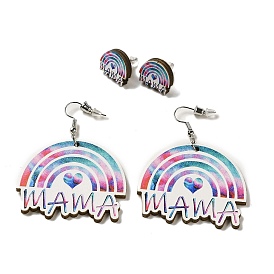 Mother's Day Theme Rainbow with Word Mama Wood Studs & Dangle Earrings Set, 316 Steel Needle Jewelry for Women