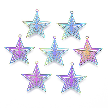 Ion Plating(IP) 201 Stainless Steel Filigree Pendants, Etched Metal Embellishments, Star