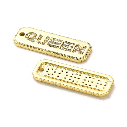 Brass Micro Pave Cubic Zirconia Pendants, Long-Lasting Plated, Rectangle with Letter Queen