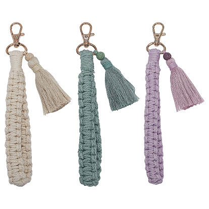 3Pcs 3 Colors Cotton Wrist Strap & Tassel Pendant Keychains, with Zinc Alloy Swivel Clasps and Dyed Lava Round Beads
