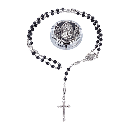 2 шт. ожерелья из черного круглого стеклянного жемчуга и железных бусин-четок, ожерелья с подвеской в виде креста Иисуса из цинкового сплава, с круглыми подарочными коробками с зеркалами