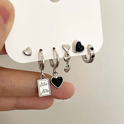 Minimalist Black Heart Earrings Set for Women, Trendy and Unique Ear Studs and Ear Cuffs