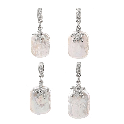 4Pcs 4 Styles Ocean Natural Nucleated Baroque Keshi Pearl Rectangle European Dangle Charms, Brass Micro Pave Cubic Zirconia Sea Animals Large Hole Pendants, Platinum