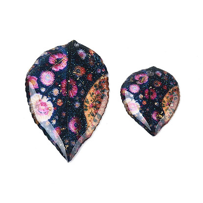 2шт. подвески из прозрачной эпоксидной смолы, лист с цветочным узором, с золотой фольгой и блестками