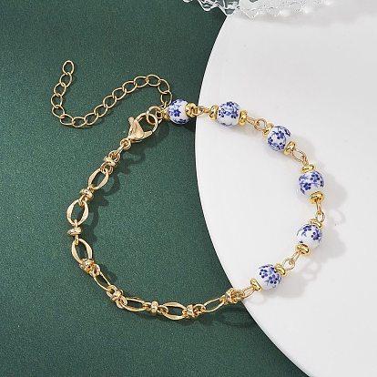 Браслеты из латунных овальных звеньев, круглые фарфоровые керамические бусины с цветочным принтом, для женщин, с 304 из нержавеющей стали Lobster Claw застежками