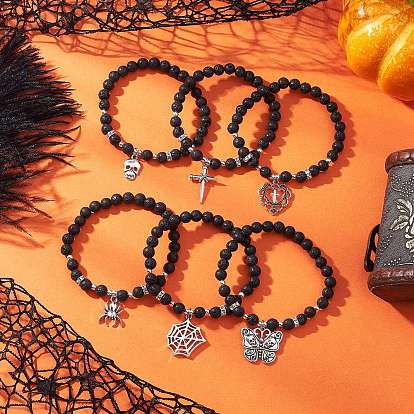 6шт. браслеты с подвесками из сплава на Хэллоуин, браслеты из круглых бусин из натуральной лавы для мужчин и женщин