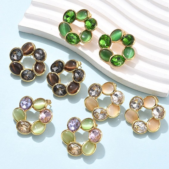 Цветок 304 из нержавеющей стали серьги стержня, со стеклом и глазом кошки, ионное покрытие (ip), золотые