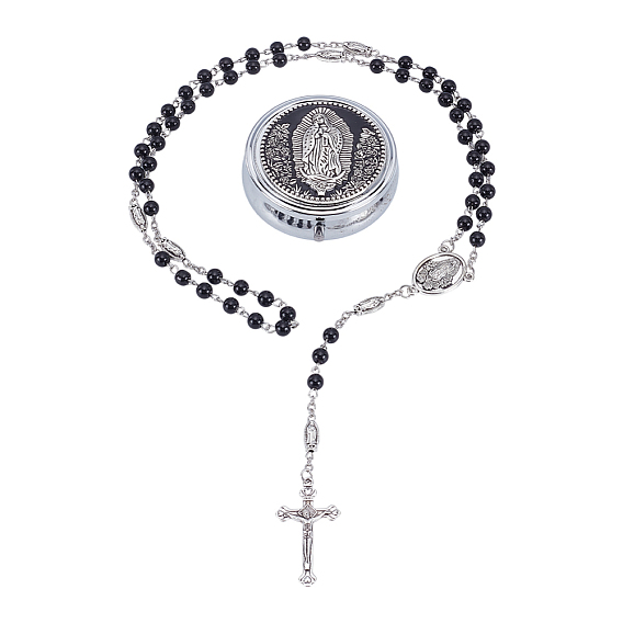 2 шт. ожерелья из черного круглого стеклянного жемчуга и железных бусин-четок, ожерелья с подвеской в виде креста Иисуса из цинкового сплава, с круглыми подарочными коробками с зеркалами
