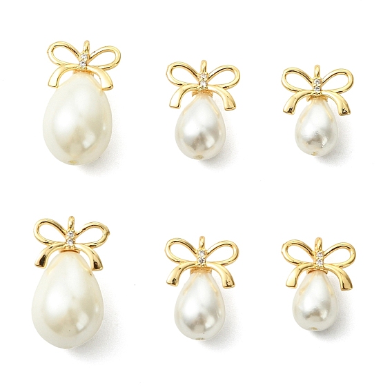 6шт. 3 стили подвесок из полированного жемчуга в форме ракушки, Подвески в форме капли с латунными креплениями в виде бантиков, белые