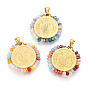 304 подвески из нержавеющей стали, плоские круглые с святым Бенедиктом, со стеклянными бусинами, ионное покрытие (ip), реальный 18 k позолоченный, граненые
