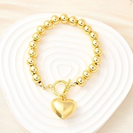 Браслеты с подвесками из латунных круглых бусин для женщин, сердце, без кадмия и без свинца, стойки покрытие, долговечный