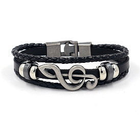 Bracelet multibrins triple épaisseur en cuir de vache, bracelet à maillons en alliage avec note de musique