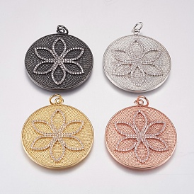 Brass Micro Pave Cubic Zirconia Pendants, Flat Round with Flower