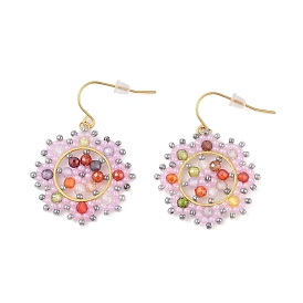 Ion Plating(IP) 316 Stainless Steel Dangle Earrings, Glass Seed Beaded and Micro Pave Cubic Zirconia Earrings, Flower