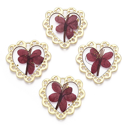 Подвески из эпоксидной смолы, с сухоцветом ручной работы внутри, сердце прелести, золотой свет