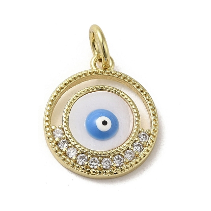 Brass Micro Pave Cubic Zirconia Pendants, with Enamel, with Jump Ring, Real 18K Gold Plated, Flat Round with Evil Eye