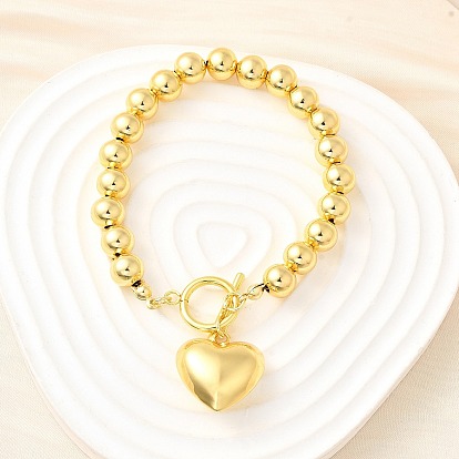 Браслеты с подвесками из латунных круглых бусин для женщин, сердце, без кадмия и без свинца, стойки покрытие, долговечный
