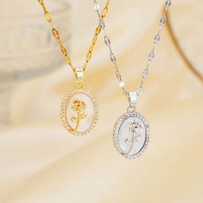 Элегантные латунные прозрачные кубические цирконии розовые овальные подвески ожерелья, идеально подходит для Рождества и Дня святого Валентина