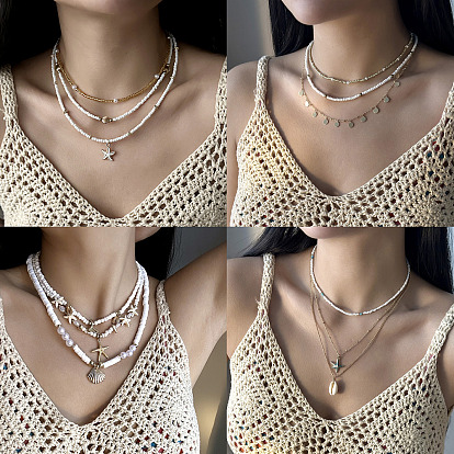 Летние пляжные ожерелья из сплава, натуральных ракушек и стеклянных бусин с подвесками для женщин