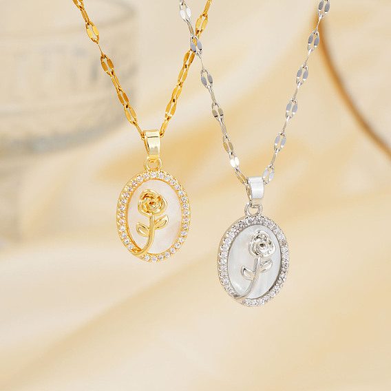 Элегантные латунные прозрачные кубические цирконии розовые овальные подвески ожерелья, идеально подходит для Рождества и Дня святого Валентина