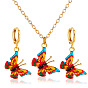 Light Gold Alloy Butterfly Jewelry Set, Enamel Pendant Necklace and Dangle Hoop Earrings