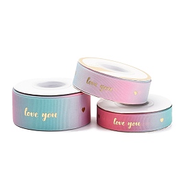 Gradient Polyester Grosgrain Ribbon, Single Face Printed, Word Love You Pattern, for Gift Wrapping, Wedding Decoration