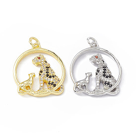 Brass Micro Pave Cubic Zirconia Pendants, Ring with Leopard/Cheetah Charm