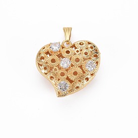 Brass Micro Pave Clear Cubic Zirconia Pendants, Nickel Free, Hollow, Heart