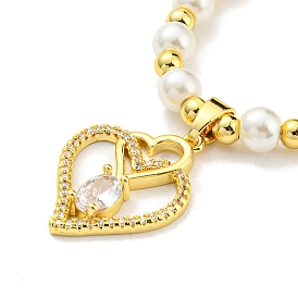 Vacuum Plating Cubic Zirconia and Rhinestone Heart Pendant Necklace, with Plasit Pearl Beaded Chains, 201 Stainless Steel Necklace