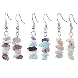 Natural Aquamarine & Pink Opal & White Jade & Sodalite & Amethyst & Purple Turquoise Dangle Earrings, with Brass Earring Findings