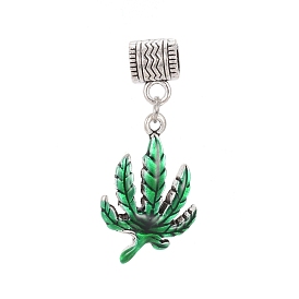 Antique Silver Plated Alloy European Dangle Charms, Large Hole Pendants, with Enamel, Leaf