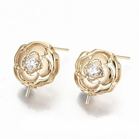 Brass Micro Pave Clear Cubic Zirconia Stud Earring Findings, for Half Drilled Bead, Nickel Free, Flower
