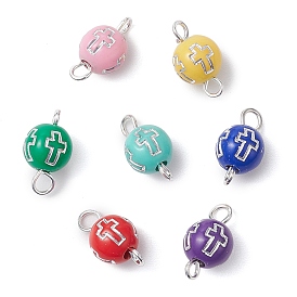 7Pcs 7 Colors Plating Acrylic Connector Charms, with Iron Findings, Round Links with Cross, Silver Color Plated