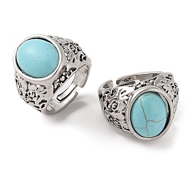 Oval Synthetic Turquoise Cuff Rings, Alloy Wide Band Open Rings for Women, Cadmium Free & Lead Free