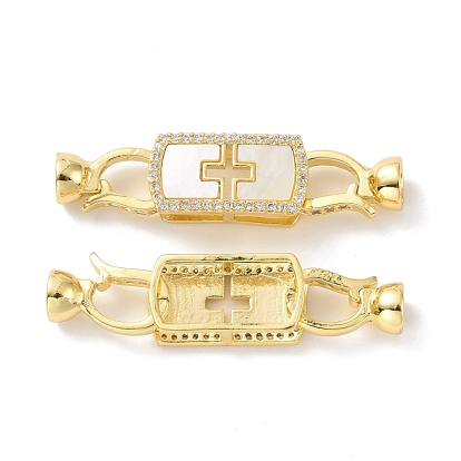 Brass Micro Pave Clear Cubic Zirconia Fold Over Clasps, with White Shell, Cadmium Free & Lead Free, Rectangle with Cross