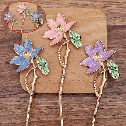 Alloy Enamel Lotus Hair Sticks, Long-Lasting Plated Cabochon Settings, Hair Accessories for Women