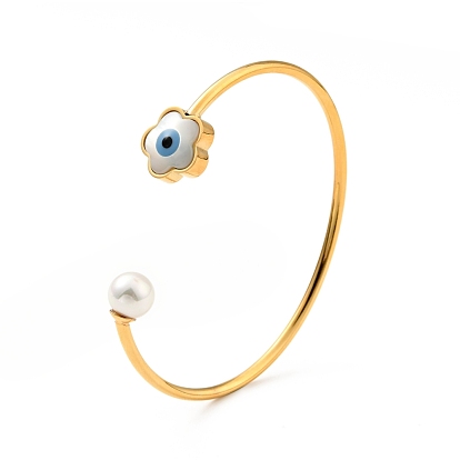 Shell Pearl & Flower with Evil Eye Open Cuff Bangle, 304 Stainless Steel Jewelry for Woman
