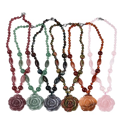 Natural & Synthetic Stone Flower Pendant Necklaces, with Stainless Steel Clasps, Stainless Steel Color, Mixed Dyed & Undyed