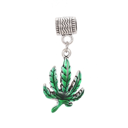 Antique Silver Plated Alloy European Dangle Charms, Large Hole Pendants, with Enamel, Leaf