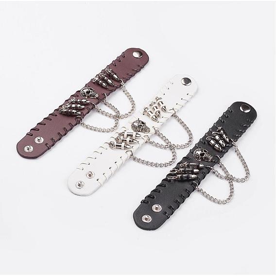 Punk Rock Style Cowhide Leather Rivet Bracelets, with Alloy & Iron Findings, Skull