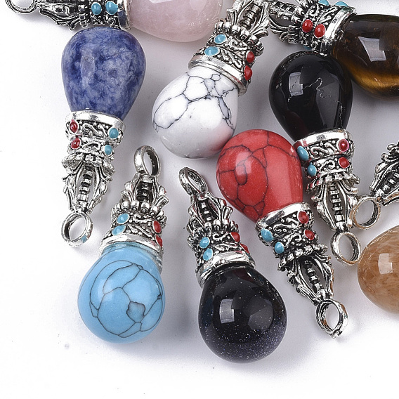 Natural & Synthetic Mixed Gemstone Pendants, with Tibetan Style Alloy Pendant Bails and Enamel, Teardrop