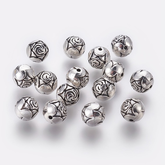 Tibetan Style Alloy Round Carved Rose Beads, Cadmium Free & Lead Free, 8.5mm, Hole: 1.5mm, about 490pcs/1000g