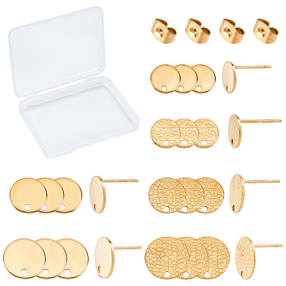 24Pcs 2 Style Flat Round 304 Stainless Steel Ear Stud Findings, with Ear Nuts/Earring Backs and Hole