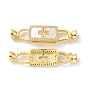 Brass Micro Pave Clear Cubic Zirconia Fold Over Clasps, with White Shell, Cadmium Free & Lead Free, Rectangle with Cross