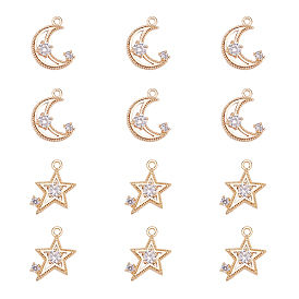 NBEADS Brass Micro Pave Cubic Zirconia Pendants, Star and Moon, Clear