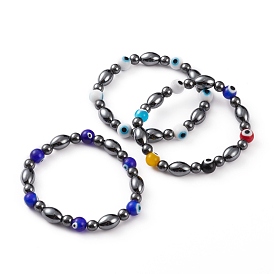 Non-Magnetic Synthetic Hematite Beads Stretch Bracelets, with Handmade Evil Eye Lampwork Round Beads