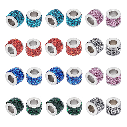 24Pcs 6 Colors 304 Stainless Steel Beads, with Polymer Clay Rhinestone, Column