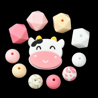 Round/Polygon/Cow Head Food Grade Eco-Friendly Silicone Focal Beads, Chewing Beads For Teethers, DIY Nursing Necklaces Making